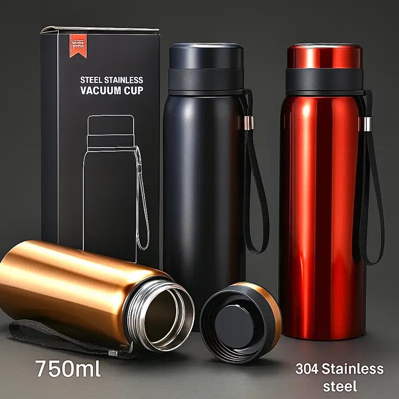 750ml Stainless Steel Vacuum Flask โ 304 Steel Double Wall Insulated Bottle for Hot & Cold Beverages | Leakproof with Carry Strap - Image 2