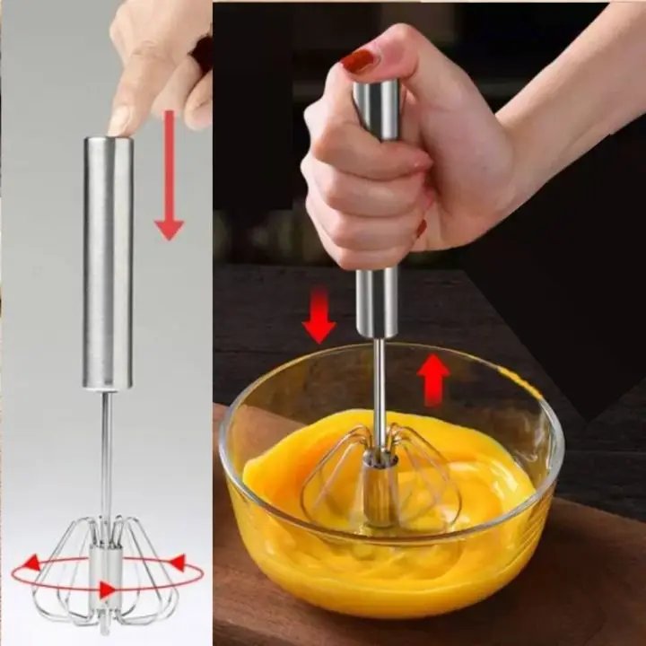 Stainless Steel Hand Push Whisk | Manual Egg Beater & Cream Frother | Self-Rotating Kitchen Hand Mixer for Baking, Coffee, Omelets, Cream & More