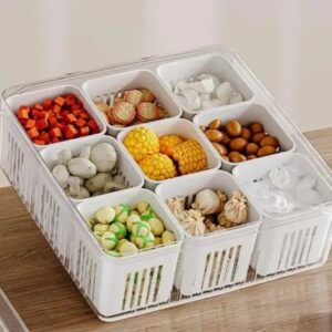 Multi-Grid Fridge Organizer Basket – 9 Compartment Food Storage Tray with Lid | Vegetable, Fruit & Freezer Container