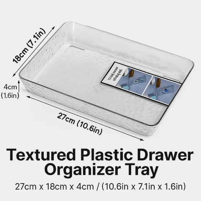 Textured Clear Plastic Drawer Organizer Tray | Multi-Purpose Storage Box for Kitchen, Bathroom, Office (27x18x4cm - Image 2