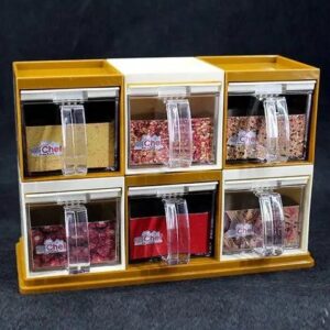 6 Jar Home Chef Spice Rack Set – Rotating Plastic Masala Box with Spoons for Kitchen in Pakistan