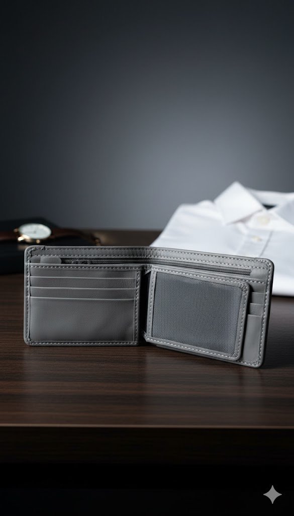 Slim Grey Leather Bifold Wallet - Modern, Organized Design for Men - Image 2